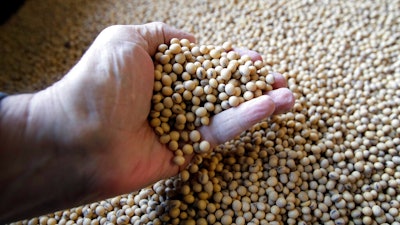 In this April 5, 2018, file photo sorted soybeans are ready for shipment and planting near White Cloud, Kan. Statistics show the nation's farmers are struggling to pay back their loans after years of low crop prices, with nearly one out of every five loans in a government farm program now delinquent.