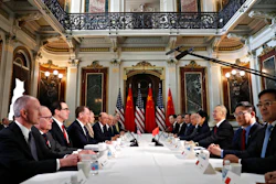 In this Thursday, Feb. 21, 2019, file photo, U.S. and Chinese delegations meet in the Indian Treaty Room in the Eisenhower Executive Office Building on the White House complex during continuing meetings on the U.S.-China bilateral trade relationship in Washington. Relief swept across world financial markets Monday after President Donald Trump pushed back a March 2 deadline in a trade dispute with China. But the respite might not last.