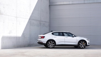 This undated photo made available by Polestar, shows the Polestar 2 electric car in Spain. Volvo’s electric performance brand Polestar is unveiling a battery-powered compact car which to be shown at next month’s Geneva auto show, becomes available in 2020.