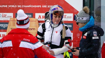 In this photo taken on Feb. 8, 2019, Lindsey Vonn wears an airbag in Are. Lindsey Vonn has been getting plenty of use out of an air bag safety device that she wears under her racing suit. Developed by Italian manufacturer Dainese, the D-air Ski system fits into a vest around Vonn’s upper body and is programmed to inflate during crashes.