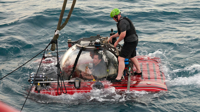 A submarine launched from the Ocean Zephyr is tested off the coast of Victoria, the capital of the Seychelles on Tuesday March 5, 2019. The British-based Nekton mission will explore the Indian Ocean, during which scientists hope to document changes taking place beneath the waves that could affect billions of people in the surrounding region over the coming decades.