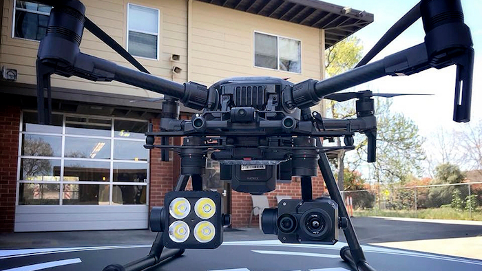 This 2018 photo provided by the Menlo Fire UAS shows a DJI drone with a thermal-imaging camera designed by FLIR Systems in Menlo Park, Calif. Law enforcement officers used heat-seeking drones like this to search for victims of the tornadoes that ravaged a rural corner of Alabama on Sunday, March 3, 2019.