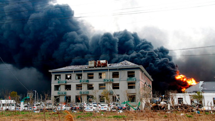 In this Thursday, March 21, 2019, photo, fires burn at the site of a factory explosion in a chemical industrial park in Xiangshui County of Yancheng in eastern China's Jiangsu province. The local government reports the death toll in an explosion at a chemical plant in eastern China has risen with dozens killed and more seriously injured.