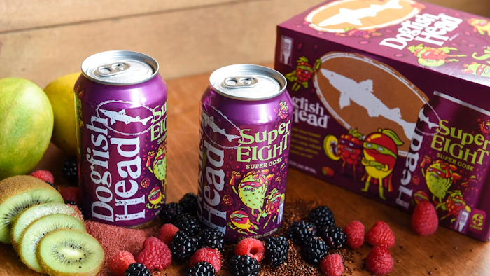 In this undated photo provided by Dogfish Head Craft Brewery, cans of Dogfish's SuperEight beer are displayed on a table in Milton, Del. Kodak says the new beer hitting the market can be used to develop its Super 8 movie film. Dogfish Head Craft Brewery in Delaware created its SuperEIGHT beer after a conversation with people at Kodak, the upstate New York technology company most famous for its photographic roots.