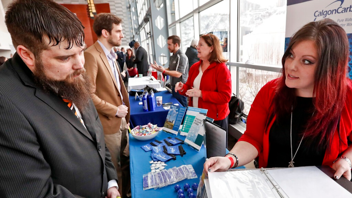 n this Thursday, March 7, 2019, photo visitors to the Pittsburgh veterans job fair meet with recruiters at Heinz Field in Pittsburgh. On Friday, March 8, the U.S. government issues the February jobs report, which will reveal the latest unemployment rate and number of jobs U.S. employers added.