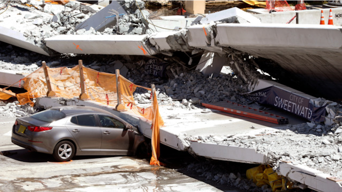The collapsed pedestrian bridge at Florida International University in the Miami area on Thursday, March 15, 2018.