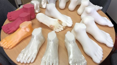 These are 3D-printed feet, some enhanced with foot ulcers.