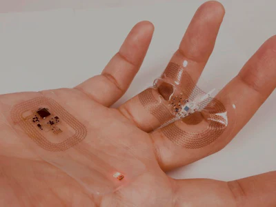 This 2019 photo provided by Northwestern University shows a pair of soft, flexible wireless sensors at John Rogers' laboratory, located in the Technological Institute at the university in Evanston, Ill. They could replace the tangle of wire-based sensors that currently monitor babies in hospitals' neonatal intensive care units.