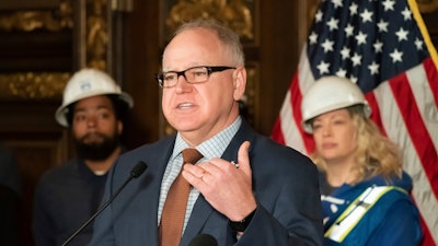 Minnesota Governor Tim Walz held a press conference Monday, March 4, 2019, to announce major energy and climate policy initiatives. Walz set an ambitious goal Monday for Minnesota to get 100 percent of its electricity from carbon-free sources by 2050, though his plan was short on specifics of how to meet that target.