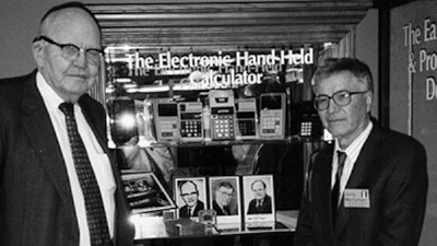 This 1997 photo taken by Phyllis Merryman shows Jack Kilby and Jerry Merryman, right, at the American Computer Museum in Bozeman, Montana. Kilby, Merryman and James Van Tassel are credited with having invented the handheld calculator while working at Dallas-based Texas Instruments. Merryman died Feb. 27, 2019, at the age of 86.