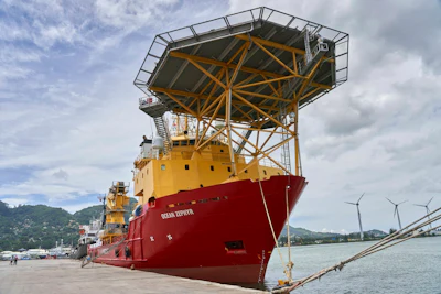 The research vessel Ocean Zephyr docked in Victoria, the Seychelles, on Friday March 1, 2019, where it will spend several days loading and testing equipment ahead of a weeks-long expedition to explore the depths of the Indian Ocean. The Ocean Zephyr is the mothership of the British-based Nekton Mission for scientists to document the impact of global warming in the unexplored frontier of the Indian Ocean that could affect billions of people in the surrounding region over the coming decades.