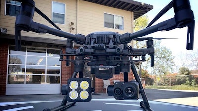 This 2018 photo provided by the Menlo Fire UAS shows a DJI drone with a thermal-imaging camera designed by FLIR Systems in Menlo Park, Calif. Law enforcement officers used heat-seeking drones like this to search for victims of the tornadoes that ravaged a rural corner of Alabama on Sunday, March 3, 2019.