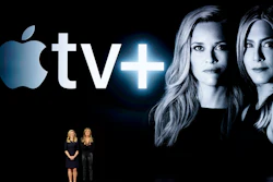 Actors Reese Witherspoon, left, and Jennifer Aniston speak at the Steve Jobs Theater during an event to announce new Apple products Monday, March 25, 2019, in Cupertino, Calif.