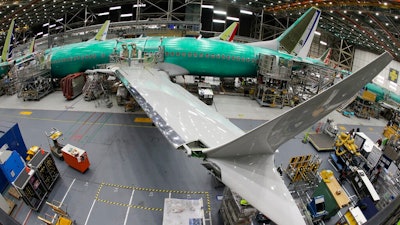 In this photo taken with a fish-eye lens, a Boeing 737 MAX 8 airplane sits on the assembly line during a brief media tour in Boeing's 737 assembly facility, Wednesday, March 27, 2019, in Renton, Wash. The Federal Aviation Administration plans to revamp oversight of airplane development after the two deadly crashes of Boeing's new 737 Max 8 airplane, according to testimony prepared for a Capitol Hill hearing on Wednesday.