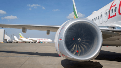 Other Ethiopian Airlines aircraft are seen in the distance behind an Ethiopian Airlines Boeing 737 Max 8 as it sits grounded at Bole International Airport in Addis Ababa, Ethiopia Saturday, March 23, 2019. The chief of Ethiopian Airlines says the warning and training requirements set for the now-grounded 737 Max aircraft may not have been enough following the Ethiopian Airlines plane crash that killed 157 people.