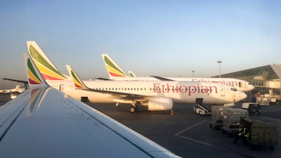 This photo taken Monday, Feb. 11, 2019 shows an Ethiopian Airlines Boeing 737-800 parked at Bole International Airport in Addis Ababa, Ethiopia. An Ethiopian Airlines Boeing 737 Max 8 jetliner carrying 157 people crashed shortly after takeoff from the Ethiopian capital Sunday, March 10, 2019 killing everyone aboard, authorities said.