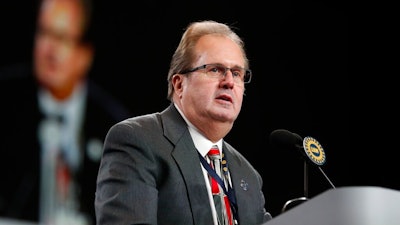 Gary Jones, president of the United Auto Workers union addresses delegates to the union's bargaining convention in Detroit, Monday, March 11, 2019 that it would raise weekly strike pay from $200 to $250 per week and $275 in January of next year. Jones warned automakers that the union is prepared to strike if it doesn't get its way in upcoming contract talks. The new union president says no one expects a strike but the UAW is prepared to walk out.
