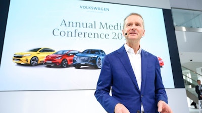 Herbert Diess, CEO of the Volkswagen AG, addresses the media during the annual press conference of the car manufacturer Volkswagen AG in Wolfsburg, Germany, Tuesday, March 12, 2019.