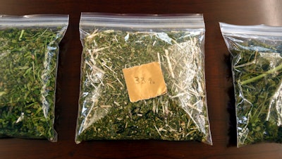 Samples of hemp sit on a table in the conference room at Andrew Ross' office in Denver on Friday, March 22, 2019. Ross, a Marine who served in Afghanistan and Iraq, is facing 18 years to life in Oklahoma if he is convicted after he was arrested in January while providing security for a load of state-certified hemp from Kentucky. Federal legalization for hemp has created a quandary for police as authorities lack the technology to distinguish marijuana from agricultural hemp at a roadside stop.