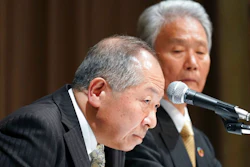 Co-chairs of the Special Committee for Improving Governance, Seiichiro Nishioka, left, and Sadayuki Sakakibara, right, attend a press conference in Yokohama, near Tokyo Wednesday, March 27, 2019. Nissan’s committee, set up to strengthen corporate governance after the arrest of former Chairman Carlos Ghosn, is recommending the Japanese automaker add more independent outside directors on its board and better oversee compensation and auditing.