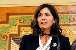 In this Jan. 8, 2019 file photo, South Dakota Gov. Kristi Noem gives her first State of the State address in Pierre, S.D. Noem says she's proposing legislation ahead of the Keystone XL oil pipeline's construction that would create a legal avenue to pursue out-of-state money that funds protests aimed at slowing construction. The Republican governor said Monday, March 4, 2019 that she wants to make sure Keystone XL and future pipelines are built safely and efficiently while shielding the state and counties from major law enforcement costs if there are riots.