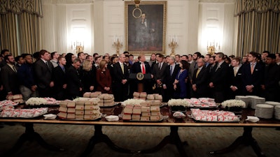 President Donald Trump welcomes 2018 NCAA FCS College Football Champions, The North Dakota State Bison, to the White House in Washington, Monday, March 4, 2019.