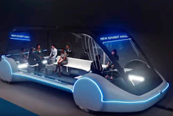 This undated conceptual drawing provided by The Boring Company shows a high-occupancy Autonomous Electric Vehicle (AEV) that would run in a tunnel between exhibition halls at the Las Vegas Convention Center proposed for Las Vegas. Entrepreneur Elon Musk's dream of a tunnel transit system may finally become a reality in Las Vegas. Tourism officials in Sin City announced Wednesday, March 6, 2019, they might soon grant him a contract to build and operate a mile-and-a-quarter-long project with autonomous electric vehicles to move people around a mega convention center.