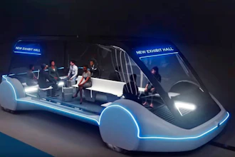 This undated conceptual drawing provided by The Boring Company shows a high-occupancy Autonomous Electric Vehicle (AEV) that would run in a tunnel between exhibition halls at the Las Vegas Convention Center proposed for Las Vegas. Entrepreneur Elon Musk's dream of a tunnel transit system may finally become a reality in Las Vegas. Tourism officials in Sin City announced Wednesday, March 6, 2019, they might soon grant him a contract to build and operate a mile-and-a-quarter-long project with autonomous electric vehicles to move people around a mega convention center.