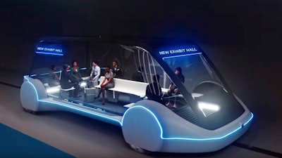This undated conceptual drawing provided by The Boring Company shows a high-occupancy Autonomous Electric Vehicle (AEV) that would run in a tunnel between exhibition halls at the Las Vegas Convention Center proposed for Las Vegas. Entrepreneur Elon Musk's dream of a tunnel transit system may finally become a reality in Las Vegas. Tourism officials in Sin City announced Wednesday, March 6, 2019, they might soon grant him a contract to build and operate a mile-and-a-quarter-long project with autonomous electric vehicles to move people around a mega convention center.