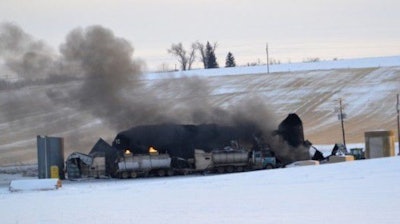 This photo shows an Eastern Montana oil recycling facility destroyed by an explosion and a fire, that was still burning on Dec. 31, 2012, two days after it began.