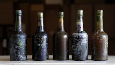 This photo shows beer bottles recovered from the shipwreck of the SS Oregon, at the St. James Brewery in Holbrook, N.Y.