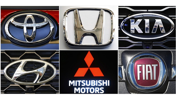 This undated combination of photos shows clockwise from top left the logos for Toyota, Honda, Kia, Fiat Chrysler, Mitsubishi and Hyundai. U.S. auto safety regulators have expanded an investigation into malfunctioning air bag controls to include 12.3 million vehicles because the bags may not inflate in a crash. Vehicles made by Toyota, Honda, Kia, Hyundai, Mitsubishi and Fiat Chrysler from the 2010 through 2019 model years are included in the probe, which was revealed Tuesday, April 23, 2019, in documents posted by the National Highway Traffic Safety Administration.