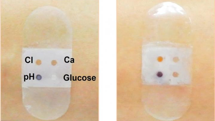 Biosensor bandage before (left) and after (right) sweat secretion.