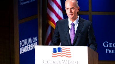 Dennis Muilenburg, chief executive officer of Boeing, speaks at the Forum on Leadership at the George, W. Bush Presidential Center on Thursday, April 11, 2019, in Dallas.