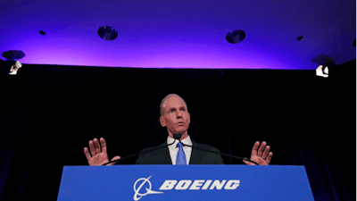 Boeing Chief Executive Dennis Muilenburg speaks during a news conference after the company's annual shareholders meeting at the Field Museum in Chicago, on Monday, April 29, 2019.