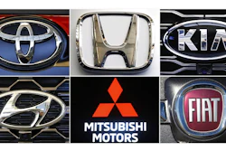 This undated combination of photos shows clockwise from top left the logos for Toyota, Honda, Kia, Fiat Chrysler, Mitsubishi and Hyundai. U.S. auto safety regulators have expanded an investigation into malfunctioning air bag controls to include 12.3 million vehicles because the bags may not inflate in a crash. Vehicles made by Toyota, Honda, Kia, Hyundai, Mitsubishi and Fiat Chrysler from the 2010 through 2019 model years are included in the probe, which was revealed Tuesday, April 23, 2019, in documents posted by the National Highway Traffic Safety Administration.