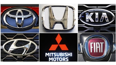 This undated combination of photos shows clockwise from top left the logos for Toyota, Honda, Kia, Fiat Chrysler, Mitsubishi and Hyundai. U.S. auto safety regulators have expanded an investigation into malfunctioning air bag controls to include 12.3 million vehicles because the bags may not inflate in a crash. Vehicles made by Toyota, Honda, Kia, Hyundai, Mitsubishi and Fiat Chrysler from the 2010 through 2019 model years are included in the probe, which was revealed Tuesday, April 23, 2019, in documents posted by the National Highway Traffic Safety Administration.