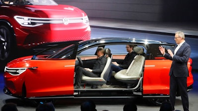 Volkswagen unveils a concept electric SUV, the whimsically named ID. ROOMZZ during the Auto Shanghai 2019 show in Shanghai on Tuesday, April 16, 2019. Automakers are showcasing electric SUVs and sedans with more driving range and luxury features at the Shanghai auto show, trying to appeal to Chinese buyers in their biggest market as Beijing slashes subsidies that have propelled demand.