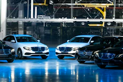 Cars are seen during an opening ceremony of the Mercedes Benz automobile assembly plant outside Moscow, Russia, Wednesday, April 3, 2019. Germany's Daimler AG has opened a new Mercedes factory in Russia, part of a 250 million euro ($281 million) investment it says will create 1,000 jobs.