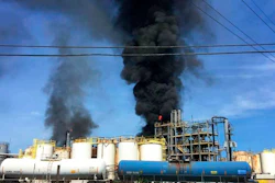 This photo taken by the Harris County Fire Marshal's Office shows the KMCO Chemical plant Tuesday, April 2, 2019, in Crosby, Texas. Authorities say one person is confirmed dead after a fire broke out at the chemical plant Tuesday near Houston. Harris County Sheriff Ed Gonzalez says two other people were life-flighted. Gonzalez says preliminary information shows that the chemical isobutylene initially started the fire, and is still burning.