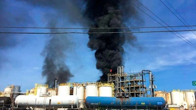 This photo taken by the Harris County Fire Marshal's Office shows the KMCO Chemical plant Tuesday, April 2, 2019, in Crosby, Texas. Authorities say one person is confirmed dead after a fire broke out at the chemical plant Tuesday near Houston. Harris County Sheriff Ed Gonzalez says two other people were life-flighted. Gonzalez says preliminary information shows that the chemical isobutylene initially started the fire, and is still burning.