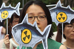 In this file photo, environmentalists stage a rally denouncing imported agricultural and marine products from Japan.