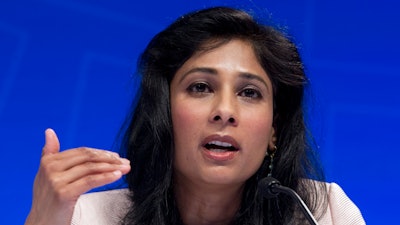 Chief Economist and Director of Research Department at the IMF, Gita Gopinath, speaks during a news conference at the World Bank/IMF Spring Meetings, in Washington.
