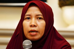 Merdian Agustin family of a victim of the Lion Air jet that crashed into the Java Sea talks to journalists during a press conference in Jakarta, Monday, April 8, 2019. More families of victims of the Lion Air crash in Indonesia are suing Boeing Co. after its chief executive apologized last week and said a software update for the MAX 8 jet would prevent further disasters.