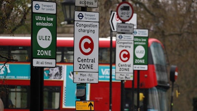 A London bus enters the new Ultra Low Emission Zone that has come into force in London. Drivers of older and more polluting cars face paying a new fee adding to the Congestion Charge to enter the center of the capital.