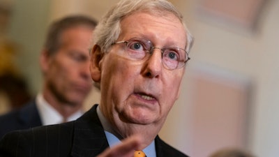 Senate Majority Leader Mitch McConnell, R-Ky., speaks to reporters at the Capitol in Washington, Tuesday, April 9, 2019.