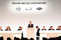 In this photo released by Nissan Motor Co., Nissan Chief Executive Hiroto Saikawa, center, speaks at the company's shareholders' meeting in Tokyo Monday, April 8, 2019. Nissan shareholders approved on Monday the ouster from the Japanese automaker's board former Chairman Carlos Ghosn, who faces allegations of financial misconduct.