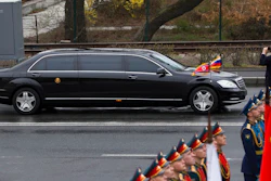 North Korean leader Kim Jong Un's limousine arrives for a wreath-laying ceremony in Vladivostok, Russia, Friday, April 26, 2019. German automaker Daimler, which makes armored limousines used by North Korean leader Kim Jong Un, says it has no idea where he got them and has no business dealings with the North.