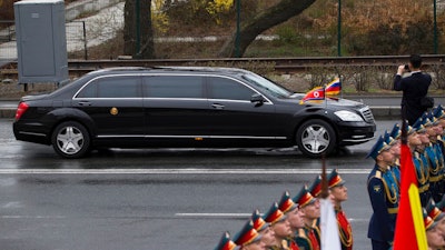 North Korean leader Kim Jong Un's limousine arrives for a wreath-laying ceremony in Vladivostok, Russia, Friday, April 26, 2019. German automaker Daimler, which makes armored limousines used by North Korean leader Kim Jong Un, says it has no idea where he got them and has no business dealings with the North.