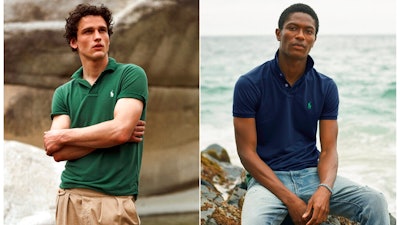 This combination of photos released by Ralph Lauren shows Polo shirts made from recycled plastic bottles. Each shirt is made from an average of 12 bottles collected in Taiwan, where the Polos are made, in partnership with an organization called First Mile. The shirts will be available Thursday for men and women at RalphLauren.com and in stores around the globe.